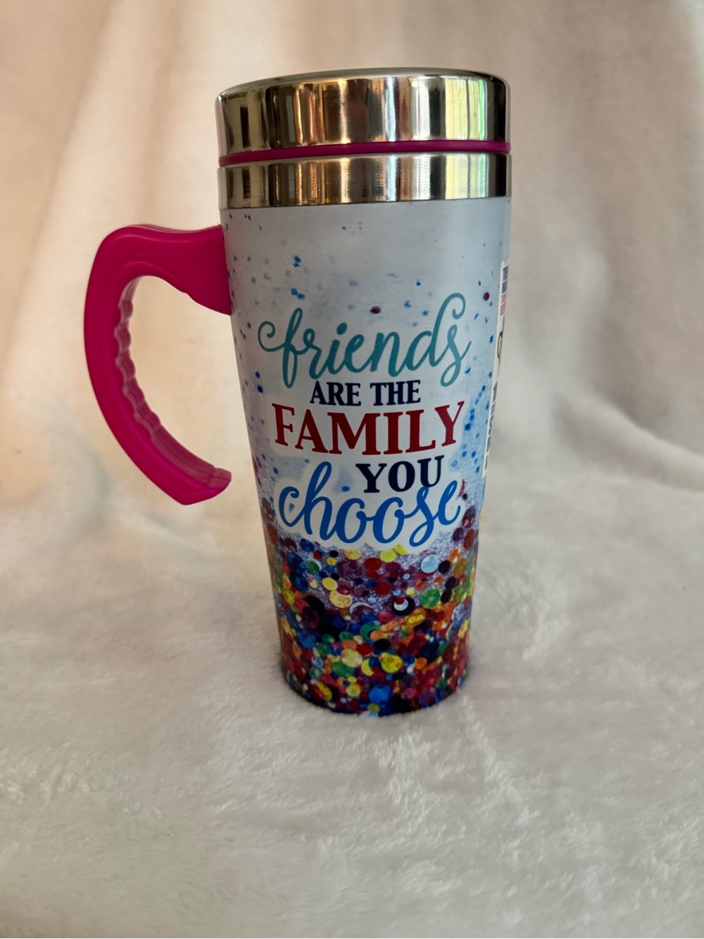 Inspirational Travel Mug - 'Friends Are the Family You Choose' - Pink Handle